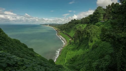 Mit Bäumen bedeckte Berge, Felsen, Strand, Meer, Eisenbahnschienen, Tunnel, Botanischer Garten auf einem Hügel