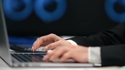 Close Up Female Hands in Suit Typing on Computer Keyboard Press Buttons
