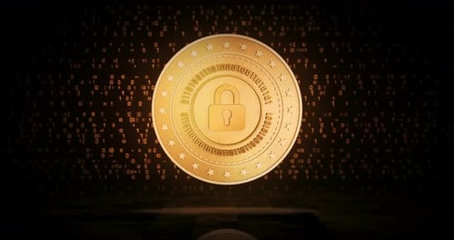 Sicherheit und sichere Bezahlung, Vorhängeschlosssymbol, goldene Münze, Schlaufe auf digitalem Hintergrund