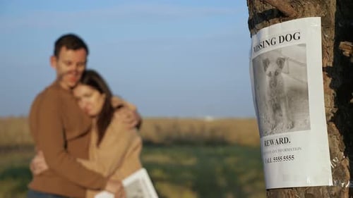 Upset Couple Hugs in Park Focus on Poster of Missing Dog
