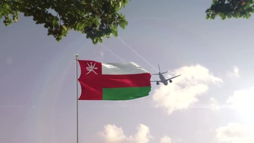 Oman Flag With Airplane And City -3D rendering