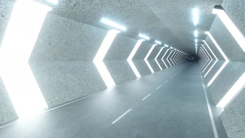 Long tunnel futuriste avec des voitures volantes