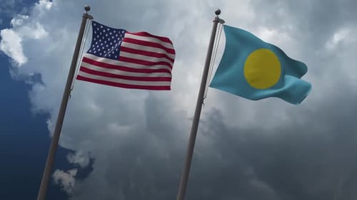 United States and Palau Flags Waving Together