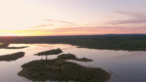 Picturesque Aerial View of Canadian Scenic Island Surrounded By Peaceful Lakes.