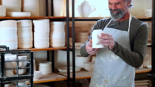Potter Inspecting Ceramic Mug in Pottery Studio