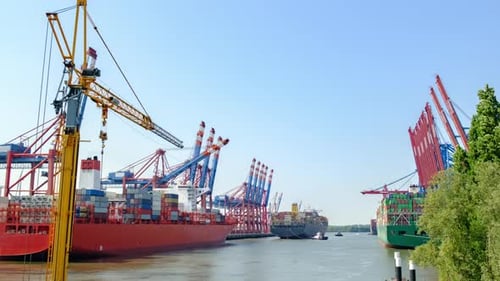 Timelapse Video Unloading Large Cargo Ferries with Sea Containers at the Hamburg Cargo Port