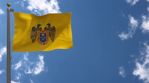 Yellow City Flag Waving with Coat of Arms in Blue Sky