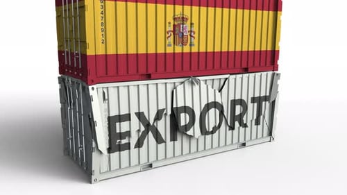 Container with EXPORT Text Being Crashed with Container with Flag of Spain