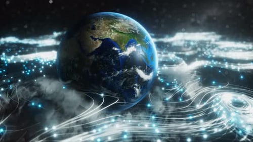 A Rotating Globe in Optical Fiber Clouds Transmitting Signals Throughout the Universe in Space. The