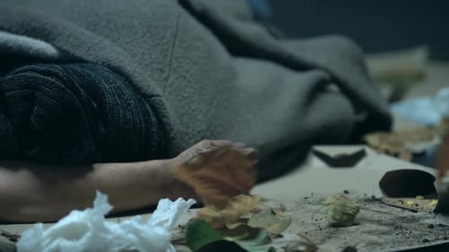 Freezing Homeless Person Sleeping on Street in Autumn, Social Insecurity, Help