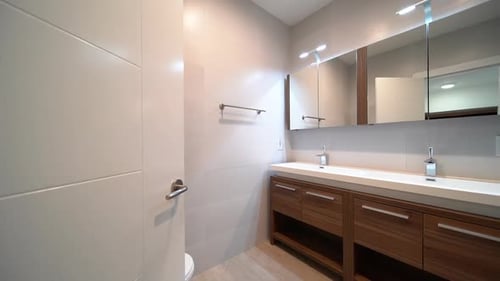 Modern Bathroom with Double Sink and Large Mirror