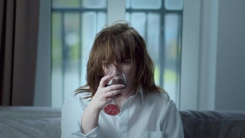 Woman Drinks Wine on Couch Indoors