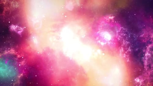 Caméra 3D rose volant à travers les nuages et le champ d'étoiles dans l'espace.