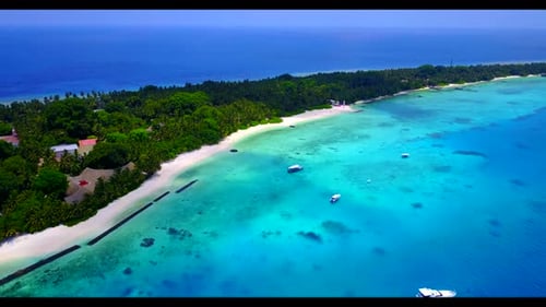 Aerial drone texture of beautiful island beach journey by blue ocean and white sandy background of a