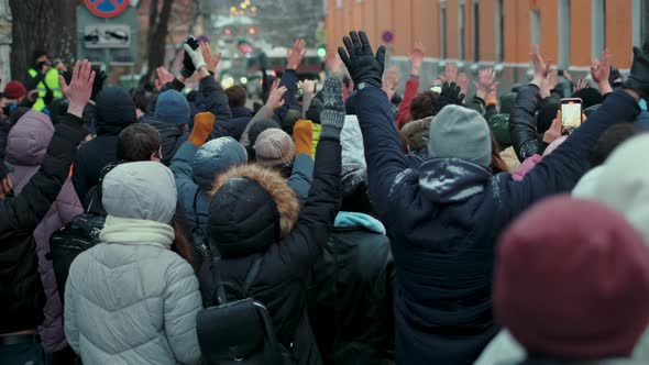 Picketing People on Rally Strike Rise Up Hands to Show Peaceful Unarmed ...