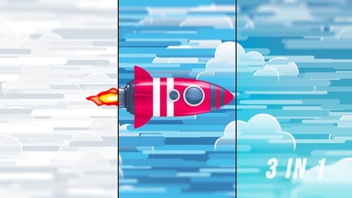 Animated Cartoon Rocket Flying Through Clouds