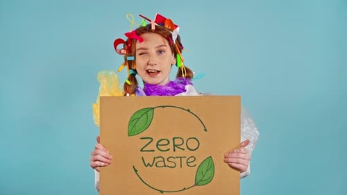 Menina com lixo de plástico sobre si mesma segurando cartaz com a inscrição zero waste