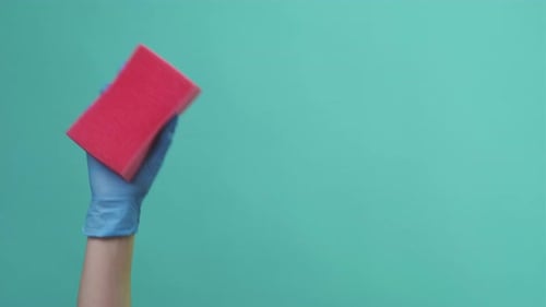 Hand with Glove Wiping with Red Sponge