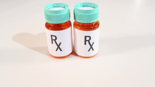 Two Pill Bottles with Rx Label on White Surface