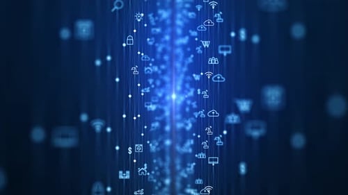 Futuristic Digital Network with Flowing Technology Icons