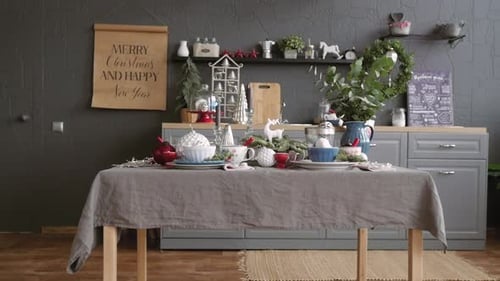 Christmas Table Setting in Cozy Home Kitchen