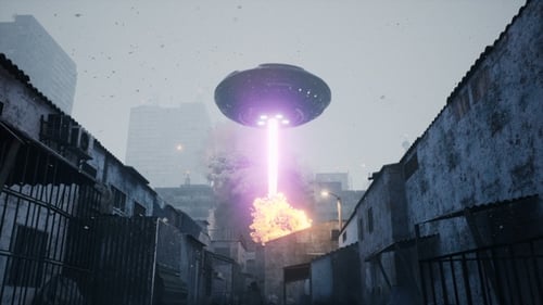Sci-Fi UFO Beam Attack Exploding Urban City Block