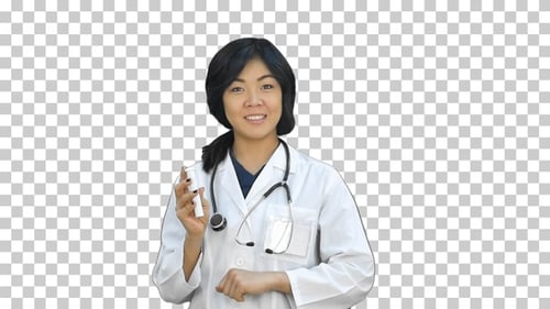 Asian female doctor showing a bottle of, Alpha Channel