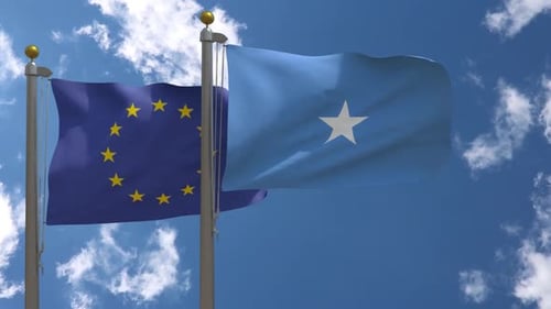 European Union and Somalia Flags Waving in 3D Realistic Animation