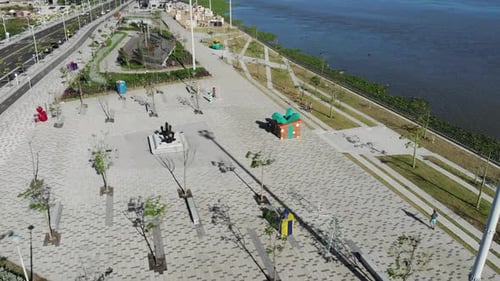Aerial View of an Urban Riverside Park
