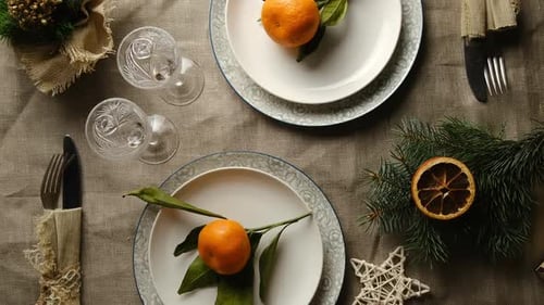 Festive Christmas Holiday Table Setting Bird's Eye View