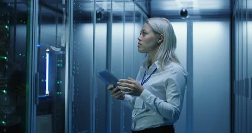 Female Technician Works on a Tablet in a Data Center