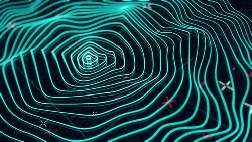 Animated abstract bended neon concentric circles on black background