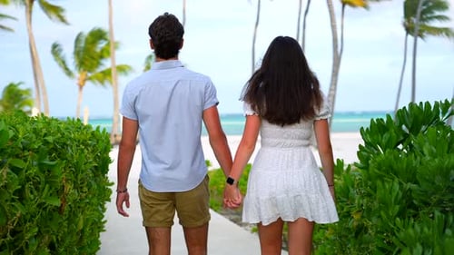 Rear view of young married couple holding hands, enjoying honeymoon vacation at tropical resort dest