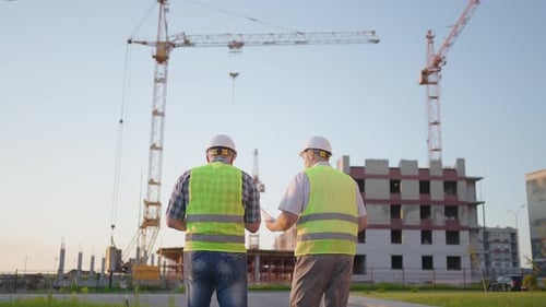 Cintura de dos constructores masculinos de mediana edad con ropa de seguridad de pie en el sitio de construcción