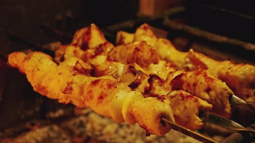 Chicken and Onion Kabobs Roasting Over Hot Coals