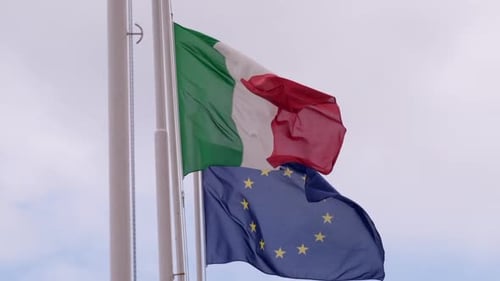 Italian and European Union Flags Waving