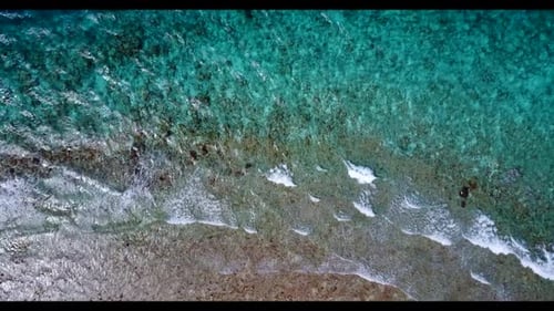 Aerial drone shot scenery of idyllic seashore beach time by shallow sea and bright sand background o