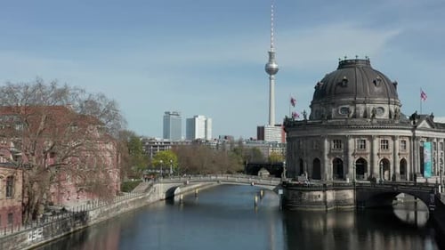 AERIAL: Wide View of Empty Berlin with Spree River and Museums and View of Alexanderplatz TV Tower