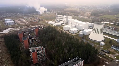 Aerial View of Industrial Buildings and Apartment Complex