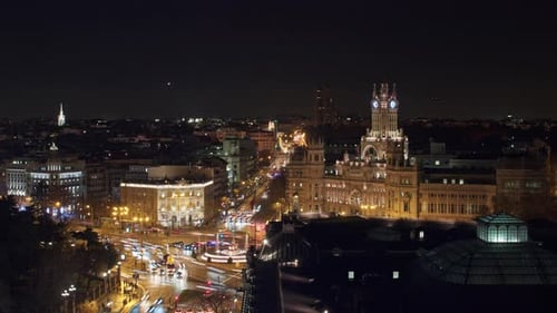 Night Madrid with Traffic on Cibeles Square Spain