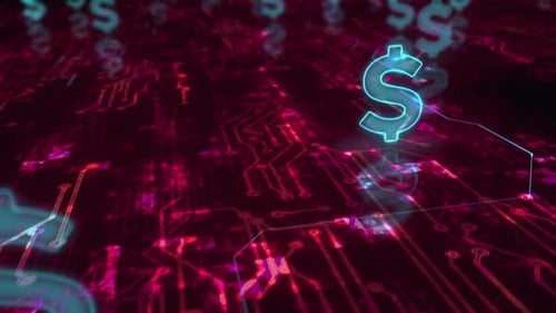 Glowing Digital Dollar Signs Over Futuristic Circuit Board Loop