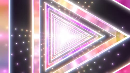Abstraktes Retro-Portal mit futuristischem Dreieckstunnel und Regenbogenbeleuchtung
