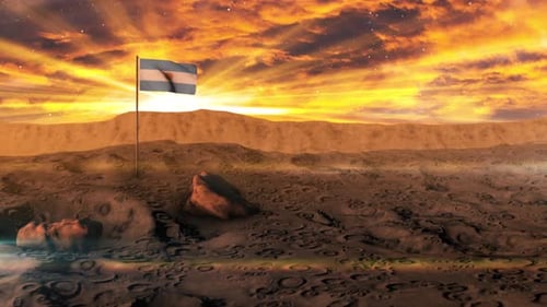 Argentine Flag Waving on a Martian Landscape with Dramatic Sunset