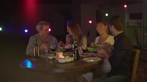 Friends Enjoying Dinner Party Under Festive Lights