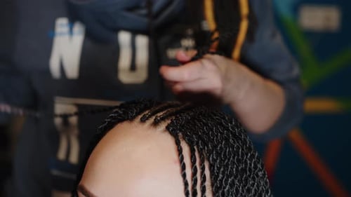 A Female Stylist Attaches Senegalese Braids to a Woman in a Beauty Salon