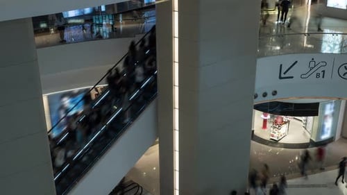 Time Lapse View of People Pedestrian Traffic on the Escalator in the Big Multi-level Shopping Mall