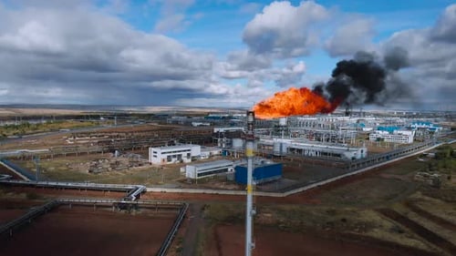 Aerial View of Chemical Plant. Gas Processing. The Industry Burns Excess Natural Gas.