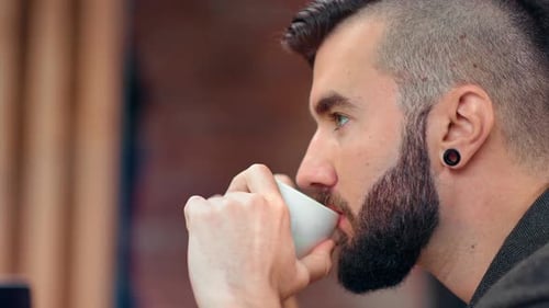 Man Drinking Coffee, Close Up Profile Shot