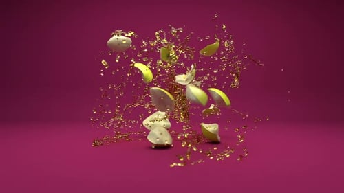 Apple Explosion with Golden Liquid Splash