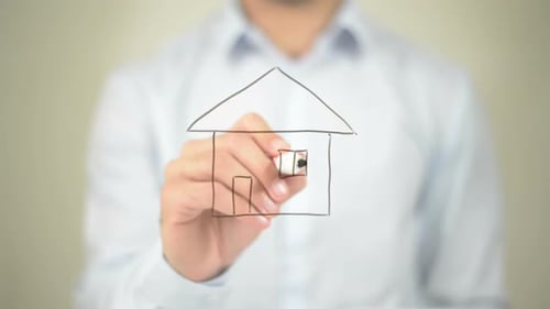 House Concept, Businessman Writing on Transparent Screen